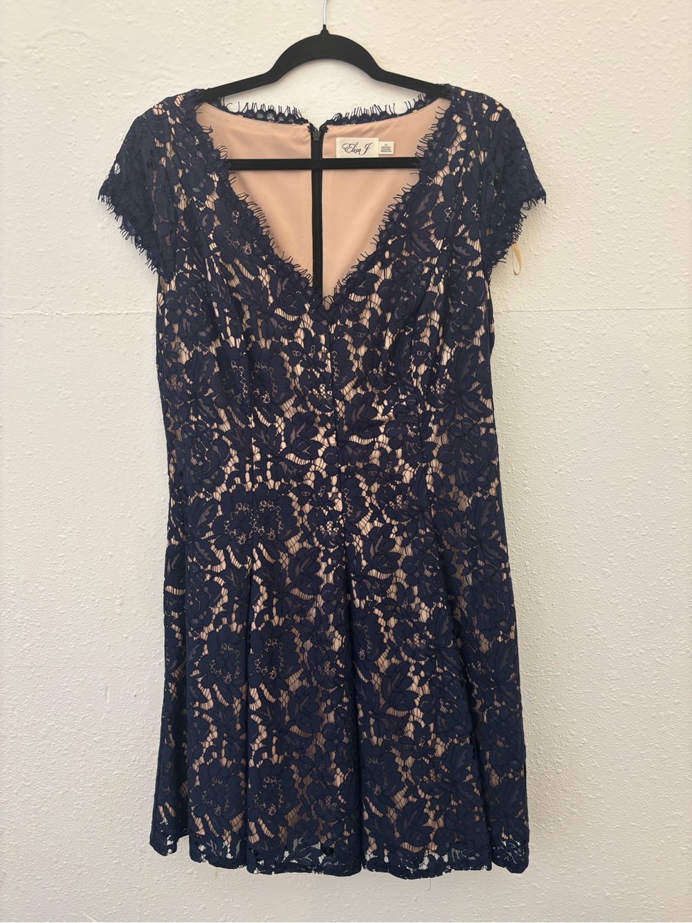 Eliza J Navy Lace Dress with Nude Underlay